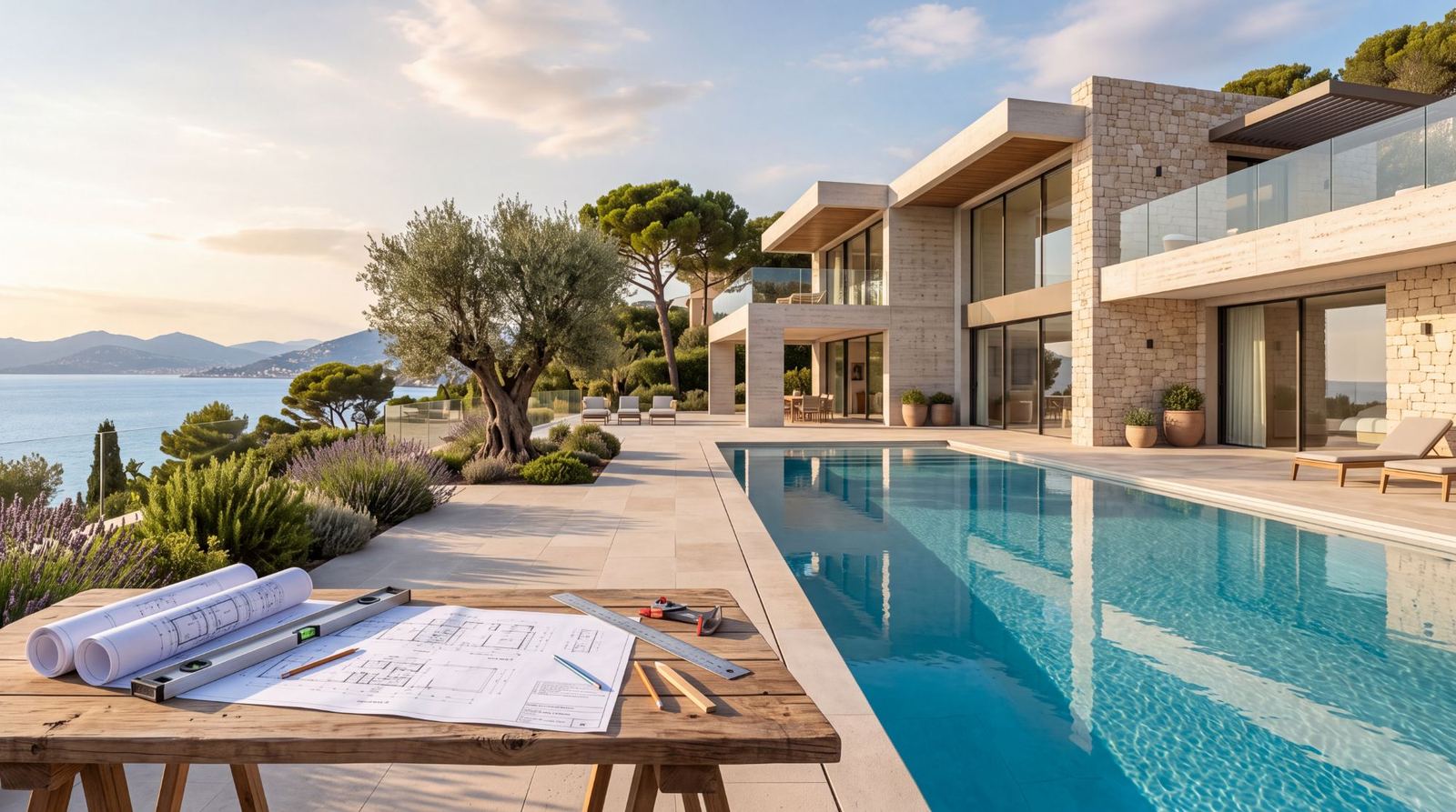 Villa contemporaine en pierre avec piscine à débordement sur la Côte d'Azur, et table de chantier portant des plans, un niveau et un mètre — image d'illustration.