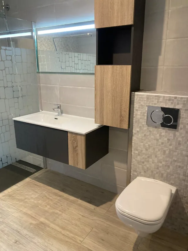 Salle d'eau rénovée : meuble vasque suspendu, WC suspendu et douche à l'italienne avec paroi vitrée.